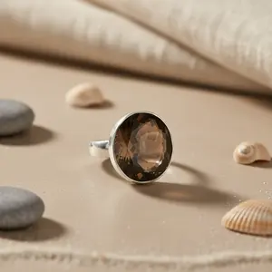 Bague en argent 925 pour femme avec quartz fumé, bijoux en or jaune, pierre précieuse, plaqué rhodium, taille topaze/cabochon, bijoux de promesse, occasion spéciale - Product Image 3