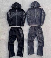 Puff Print Custom Logo Flare Sweatsuit Chándal 100 Algodón Raw Hem Hooded Flared Sweatsuit Pantalones Hombre Sweatsuit