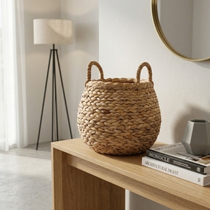 Panier de rangement en jacinthe d'eau naturelle, pot de fleurs sphérique tressé épais avec poignée en arche, décoration artistique pour l'aménagement de la pièce, artisanat d'art pur - Product Image 6