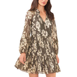 Vestito da donna Vince Camuto con stampa floreale, scollo a V, balze, vita impero, stile boho-casual, trasparente, taglia unica, grigio XS - Product Image 1