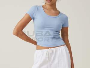 Customized <b>Women's</b> Quick Dry Cotton <b>T</b>-<b>Shirt</b> O-<b>Neck</b> with Staple Rib Mid <b>Scoop</b> Short Sleeve Top with Logo Printed - Product Image 5