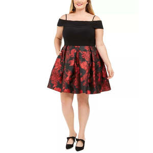 Abito da donna Morgan Company alla moda taglie forti, modello A-line in raso nero con stampa floreale, spalle scoperte, vita naturale e perline, taglia 22 - Product Image 1