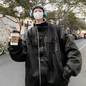 American Vintage Thicken Plus <b>Velvet</b> Pu Puffer <b>Jacket</b> <b>Men</b> Casual Warm Fleece Faux Leather Parkas <b>Mens</b> Winter Bubble Coat - Product Image 2