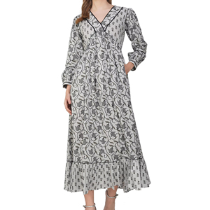 Sati Factory Été Casual Coupe Droite Longue Coton Maxi Robe Col V Motif Imprimé Floral Manches Longues Taille Empire Blanc Noir - Product Image 1