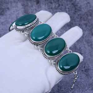 925 Sterling Silver Rhodium Plaqué À La Main Designer Fine Jewelry Bracelet Personnalisé pour Femmes Naturel Vert Onyx Fiançailles - Product Image 1