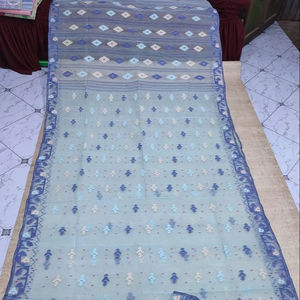 Robe de cérémonie en coton Deshi Dhakai Jamdani exclusive, bleu ciel vert, de haute qualité, longueur mi-mollet, vêtements indiens pakistanais pour femmes - Product Image 1