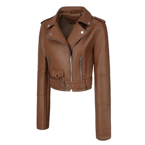 Blouson Moto Femme en Cuir Véritable Marron Tricoté, Col Montant, Manches Longues, Fermeture Éclair, Longueur Courte, Hiver – Vente en Gros Personnalisée - Product Image 2