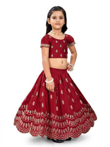 Conjunto de Lehenga Choli Tradicional Bordado con Flores de Shoryam Fashion para Niñas, Color Granate, Mangas Abullonadas, Largo hasta el Suelo, para Fiestas - Product Image 4