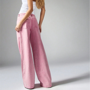 Hot Sale Wide Leg High <b>Waisted</b> Pastel Pink Cotton Denim Pants Woman Style Retro Button Casual Loose Fit Women's <b>Jeans</b> Pants - Product Image 3