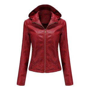 แจ็กเก็ตหนังมีฮู้ดเข้ารูปสำหรับผู้หญิงมีซิปคอตั้งถอดออกได้แจ็กเก็ตแขนยาวสำหรับขี่มอเตอร์ไซค์ฤดูหนาว - Product Image 4