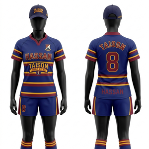 Uniforme de rugby pour femmes, polyester de qualité supérieure, tissu respirant, short en jersey à rayures rose et marine, logo personnalisé par sublimation, kit d'équipe - Product Image 3