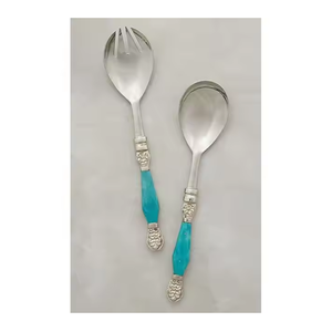Juego de servidor de ensalada decorativo Cuchara y tenedor de acero inoxidable con mango de resina | Vajilla elegante para eventos y comedor - Product Image 1