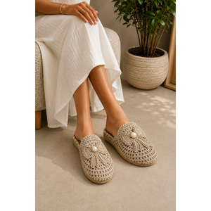 Beige Breathable Straw for <b>Slippers</b> with Bow Motif for <b>Summer</b> - Product Image 2
