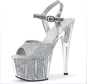 ผู้หญิงGlitter Sequinedผ้าโปร่งใสสูงแพลตฟอร์มAnkleสายคล้องคอปั๊มFemme Stripperรองเท้าส้นสูงผู้หญิงงานแต่งงานPeep Toeรองเท้าส้นสูง