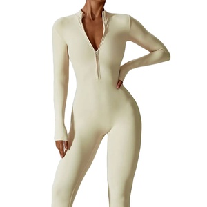 Femmes haute intensité Fitness Gym fermeture éclair combinaison Yoga chaudronnerie à manches longues vêtements de sport solide une pièce peau serré entraînement - Product Image 6