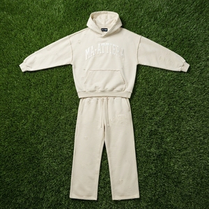 Conjunto de Sudadera con Capucha y Pantalones Deportivos Blancos para Hombre, Estilo Desgastado, de Algodón y Felpa, Talla Grande, Ropa Deportiva Urbana, Venta al Por Mayor OEM - Product Image 6