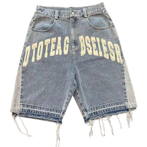 Écussons brodés de haute qualité Logo fabricant ourlet brut bord coupé en détresse Streetwear Hip Hop Cargo Jean Shorts pour hommes - Product Image 1