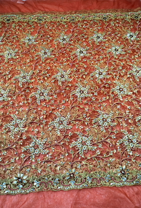 Tela de malla nigeriana naranja de Simply Stunning Fashion con encaje de red y patrón floral con intrincado trabajo de bordado para ropa de fiesta. - Product Image 6