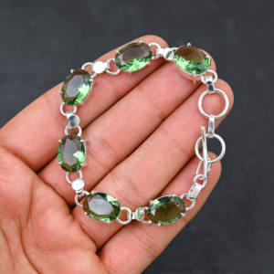 Elegante pulsera de amatista verde creada en laboratorio con 5 piedras ovaladas de 10x14 MM en plata de ley, joyería unisex de lujo de 7-8 pulgadas - Product Image 5
