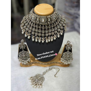 Gold Plated Bridal Shadow <b>Choker</b> Necklace Set Earrings Maang Tikka Ethnic Trendy Handmade Jewelry for Wedding Party Engagement - Product Image 1