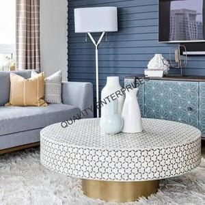 Mesa de Centro Redonda de Estilo Lujoso con Diseño Elegante Zig Zag, Incrustaciones de Hueso, Decoración Única para el Hogar, Mueble de Acento para Sala de Estar - Product Image 2