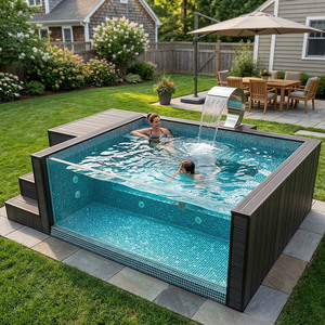 ชุดสระว่ายน้ำไฟเบอร์กลาสทรงสี่เหลี่ยมแบบฝังดิน พร้อมอุปกรณ์เสริมสำหรับสระว่ายน้ำเพื่อความสนุกสนานของครอบครัว - Product Image 2