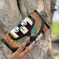 Couverture de selle usinée à la main portefeuille à bandoulière pour femmes occidentales sac à main aztèque en cuir véritable organisateur porte-cartes de crédit