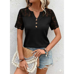 Blusa de Mujer de Manga Corta con Cuello en V, Botones al Frente y Detalle de Encaje, 32296 - Negro - Product Image 1