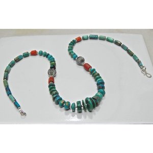 925 Sterling Silver Fine <b>Beaded</b> Necklace with Multi Gemstones Natural Coral <b>Turquoise</b> & Pearl Main Stone Anniversary Gift Idea - Product Image 1