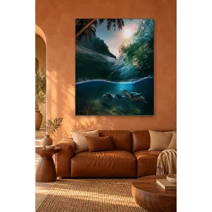 เต่าฟิดาใต้คลื่นหน้าชายหาดที่มีต้นปาล์มรอบข้าง ภาพพิมพ์บนผ้าใบ - Product Image 2