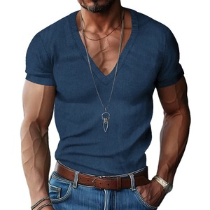 Camiseta de Verano para Hombre, Estilo Europeo y Americano, Cuello en V, Color Sólido, Corte Ajustado, Informal, de Alta Calidad - Product Image 2
