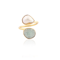 Bijoux de mariage perle d'eau douce naturelle amazonite brute double pierre bague réglable en laiton plaqué or déclaration anneaux cercle ouvert