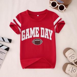 <b>Red</b> Game Day Football T-Shirt With White Stripes And Embroidered Design For Kids Sports Wear - Product Image 6
