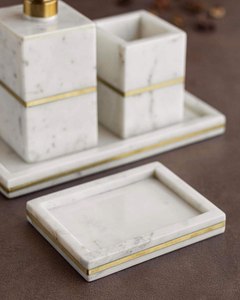 Juego de Accesorios de Baño de Resina Mármol, 4 Piezas, Color Blanco, Dispensador de Jabón, Portacepillos de Dientes, Efecto Lujoso, Impermeable, Pulido - Product Image 4