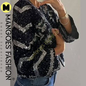 Women's Vintage Embroidered <b>Sequin</b> Quilted <b>Jacket</b> Long Sleeves Short Winter Breathable Fashion Shiny Customized Color Canvas - Product Image 5