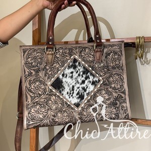 Sac fourre-tout en cuir véritable d'inspiration bohème pour femmes sac à main en cuir de vachette fabriqué à la main Western Tooled & Buck Stitch - Product Image 1
