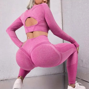 G ชุดโยคะผู้หญิงที่ให้ผลกระทบสูงเสื้อสายคล้องคอเอวด้านหน้าแต่งระบายด้านหลังเป็นรูปตัววีเลกกิ้งเนื้อแข็งระบายอากาศได้ดี - Product Image 2