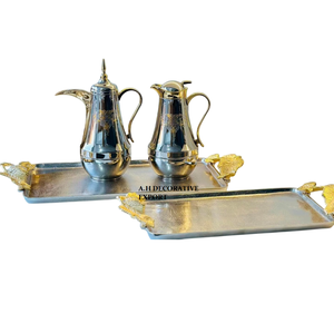 Modern Arabic Serving Tray <b>Set</b> Decorative Leaf Handle Trays Metal Coffee Pot <b>Set</b> Dishwasher <b>Microwave</b> Safe Ramadan Party Home - Product Image 1