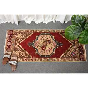 Alfombra Kilim de área grande, rojo y beige, 1,7x3,9 pies, tejido plano, lana turca, pelo de felpa, altura, patrón rectangular para alfombra de habitación de pasillo - Product Image 4