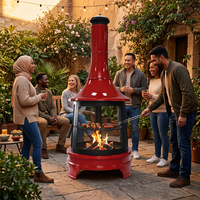 Brasero d'extérieur en émail rouge avec cheminée longue, foyer de jardin autoportant, chauffage au bois pour barbecue
