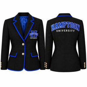 Blazer décontracté noir brodé de l'Université Hamptoon, coupe ajustée, bordure bleue, simple boutonnage, anti-plis, anti-statique - Product Image 1
