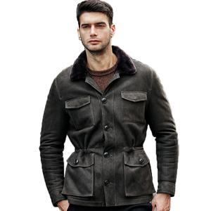 Veste en peau de mouton en cuir véritable pour homme Tissu Canvas Longueur régulière Style High Street Hiver Gris Vert - Product Image 2