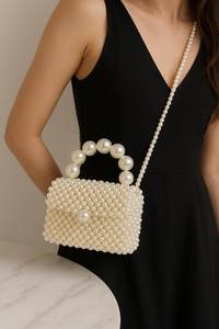 Modern Ivory Pearl <b>Plastic</b> Beaded Hobo <b>Bag</b> | <b>Large</b> Handmade Storage Purse | Elegant Adjustable Shoulder <b>Bag</b> for Wardrobe - Product Image 2
