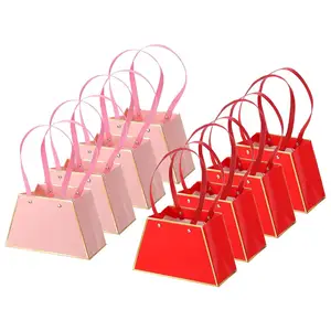 Flower Gift Bags For Bouquet Set, Portable Flower Bouquet Wrapping Hand Boxes With Handles For Florist Christmas Pink Red