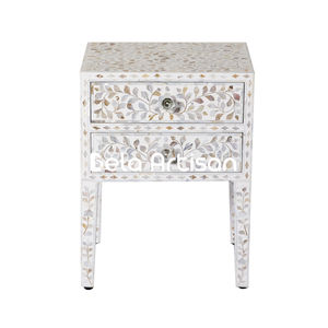 <b>White</b> Floral Bone Inlay Eco-Friendly Square 2-Drawer Handmade Indian Modern Bedside <b>Table</b> Nightstand Chest of Drawers - Product Image 6