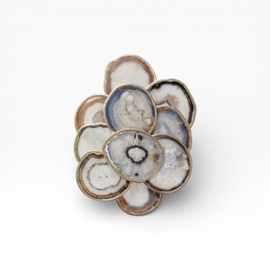 Modern White and Grey Agate <b>Coaster</b> Set with Natural <b>Crystal</b> Centers and Elegant Gold Borders - Product Image 1