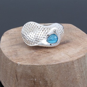 Modern Grid Textured 925 Sterling Silver <b>Ring</b> with Teardrop <b>Blue</b> Apatite, Contemporary Artisan Design, Statement <b>Ring</b> for Women - Product Image 2
