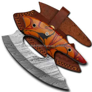 Cortador de Pizza de acero inoxidable de Damasco multiusos Tang completo tradicional hacha para picar carne cuchillo de utilidad Funda de cuero - Product Image 4