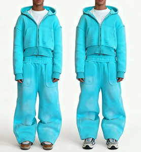 Unisex Cyan Crew Neck Tracksuit Set Elastic Waist Breathable Lightweight Loose Fit Solid Color Cotton Casual Wear Streetwear - Product Image 6