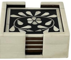 Ensemble de 4 sous-verres classiques écologiques en os incrusté avec motifs floraux et support – Élégant ensemble de vaisselle pour thé/café - Product Image 3